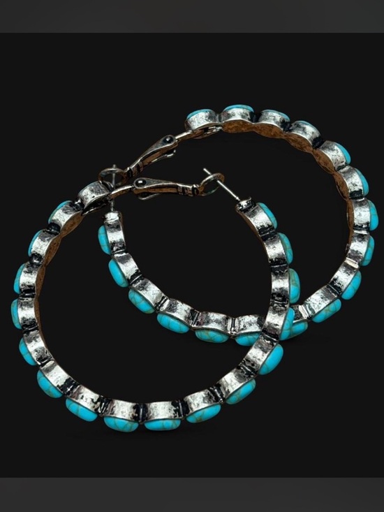 Jewelry - Southwestern style turquoise and silver-tone studded hoops, 2” diameter